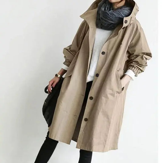 Casual Hooded Windbreaker for Women – Long Style Solid Color Trench Coat with Long Sleeves, Loose Fit Cardigan Dust Coat Sabriel