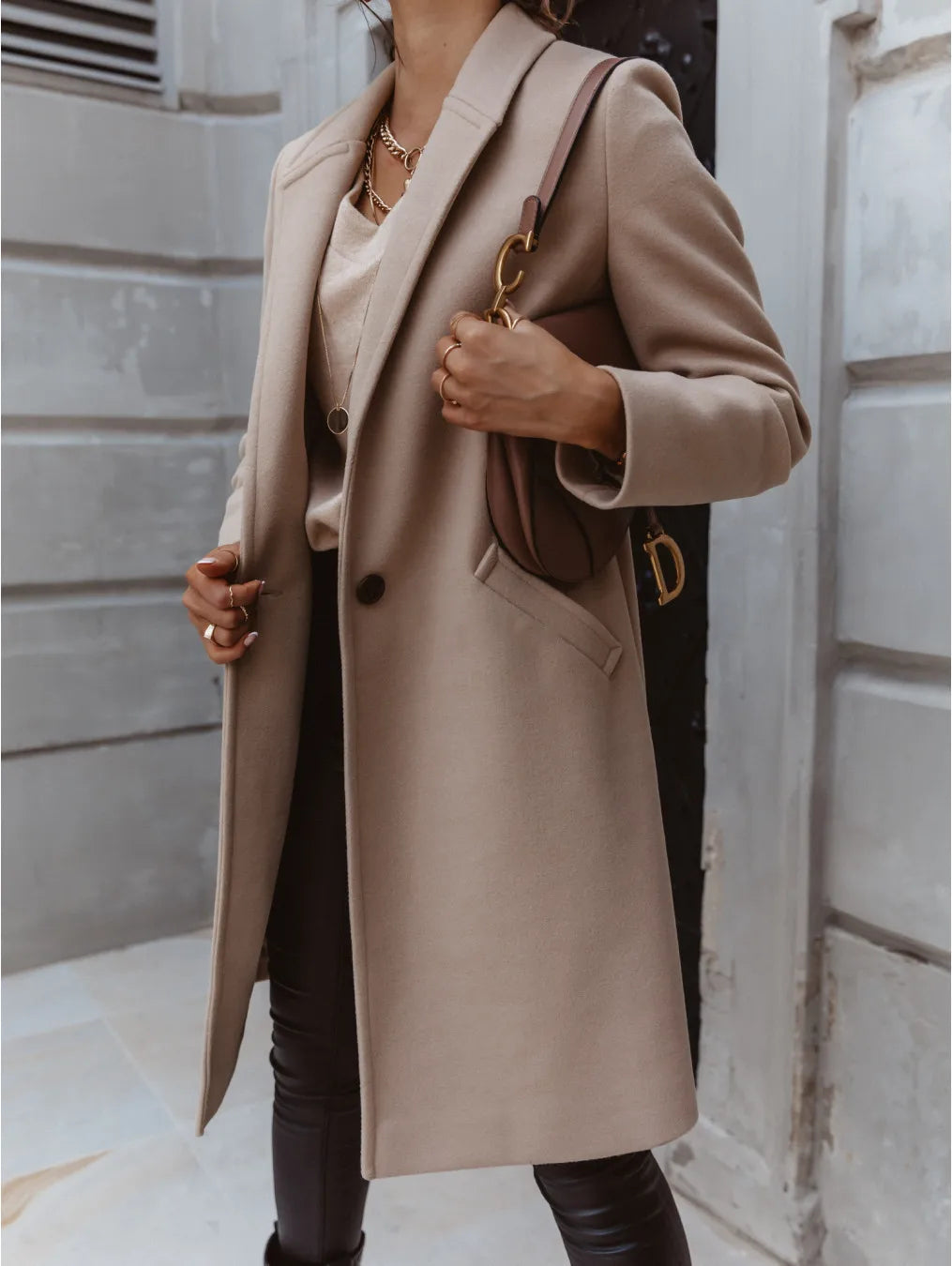 Women's Solid Color Woolen Coat - Lapel Button Mid-Length Autumn & Winter, Office Wear Cathy