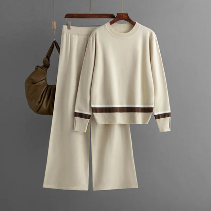 Women's Wool-Cotton Knit Jumpsuit – Striped Pullover & Crew Neck Two-Piece Sweater Set Bridget