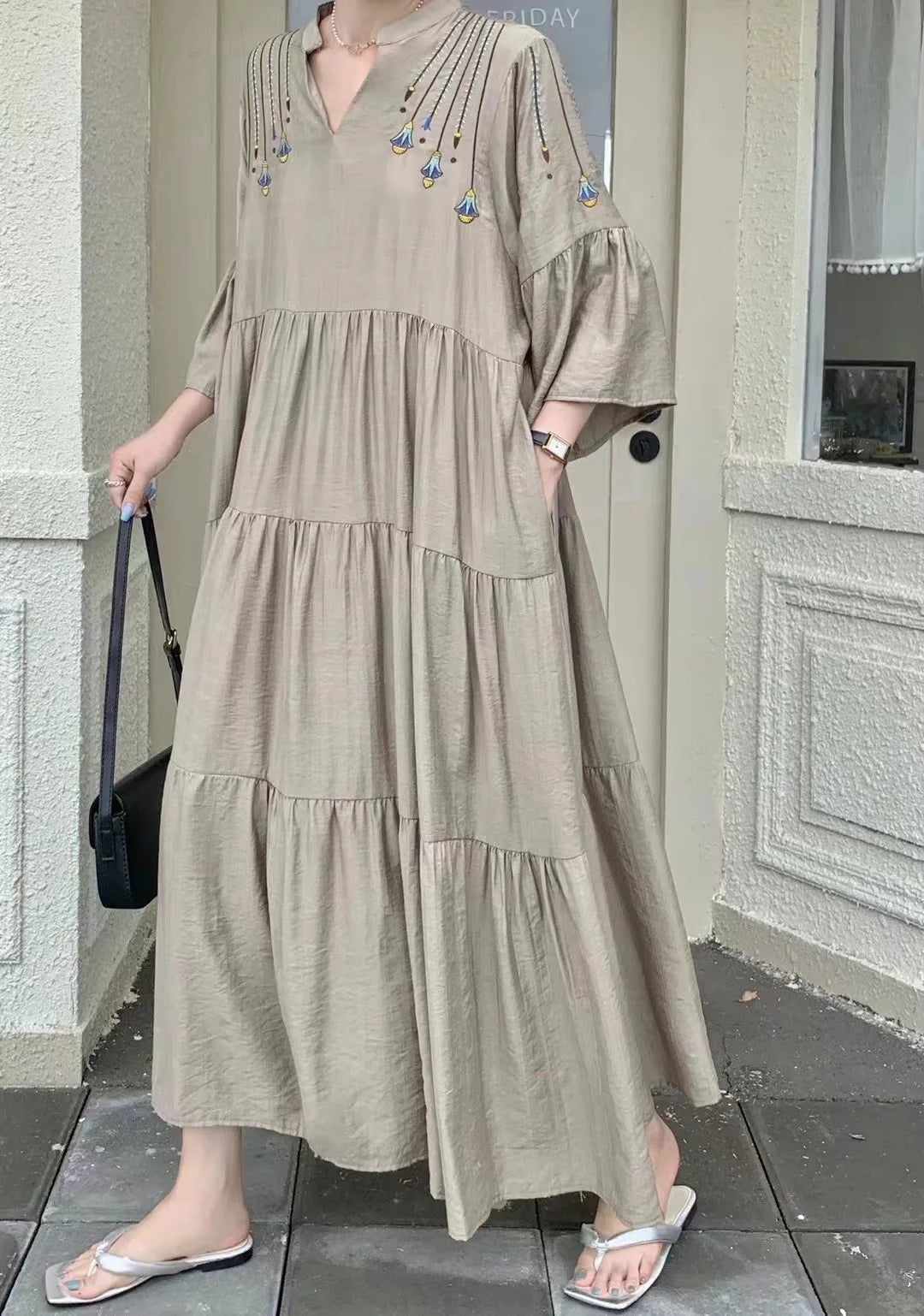 Women's Vintage Embroidered Dress – Casual, Comfortable, Loose Fit, and Slimming Design Elizabeth