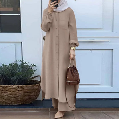 Muslim Women's Arabic Style Two-Piece Outfit – Long-Sleeve Shirt and Trousers Set for Modest Fashion Hiba