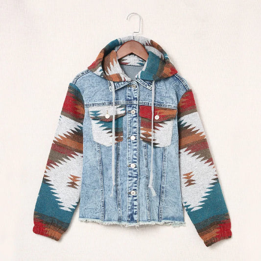 Women's Vintage Aztec Western Denim Jacket with Frayed Hem - Boho Chic Style Arabella