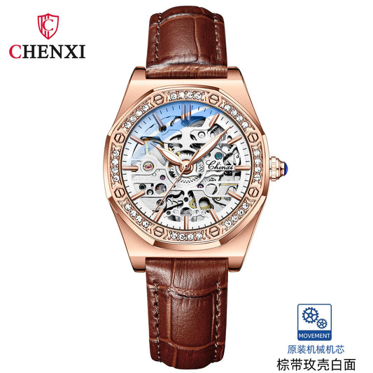 CHENXI Women’s Skeleton Diamond Automatic Watch | 8848 Luxury Stainless Steel Mechanical Wristwatch – Waterproof Bracelet for Girls & Women