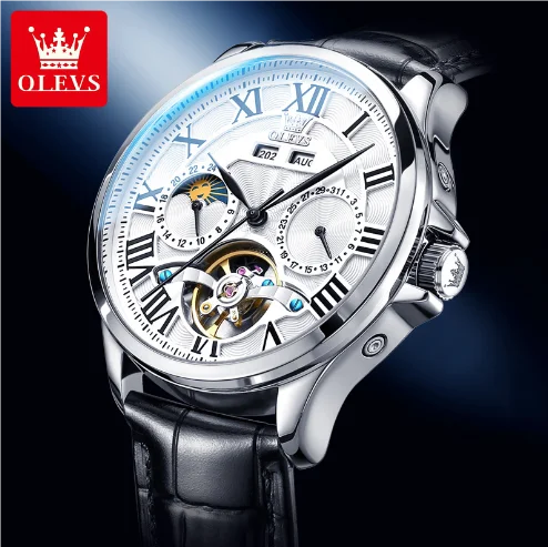 OLEVS 7013 Men's Moon Phase Mechanical Watch – Roman Scale, Hollow Flywheel, Waterproof Automatic Timepiece