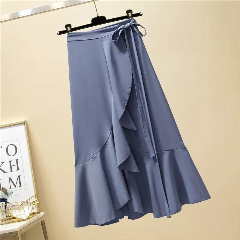 Women Girls Solid Color Fishtail Skirt Ruffles Irregular Hem Bandage Belt Hot Sell Mermaid Dress Long Skirt