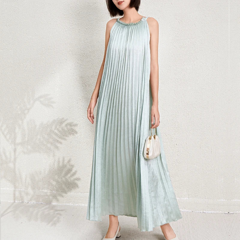 Women's Halter Neck Sleeveless Dress | Metallic Polyester Flowing Pleated Beach Tank Dress Juliette
