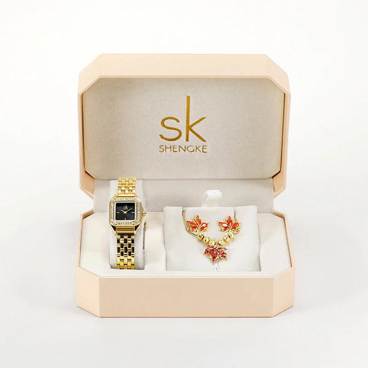 Shengke Ladies' Jewelry Watch Set - Bamboo & Maple Leaf Design, Women’s Gift Box Wristwatches Dorothy