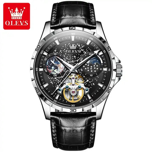 OLEVS 6689 Men's Automatic Mechanical Watch – Luxury Skeleton Design with Starry Sky Dial, Multifunctional Features, Stainless Steel, and Leather Strap