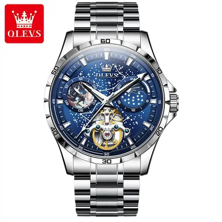 OLEVS 6689 Men's Automatic Mechanical Watch – Luxury Skeleton Design with Starry Sky Dial, Multifunctional Features, Stainless Steel, and Leather Strap