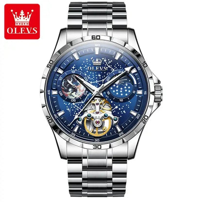 OLEVS 6689 Men's Automatic Mechanical Watch – Luxury Skeleton Design with Starry Sky Dial, Multifunctional Features, Stainless Steel, and Leather Strap