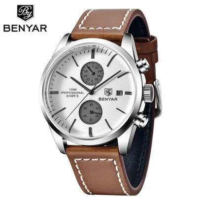 BENYAR 5187 Men’s Chronograph Watch – Waterproof Quartz Sports Wristwatch with Genuine Leather Strap & Date