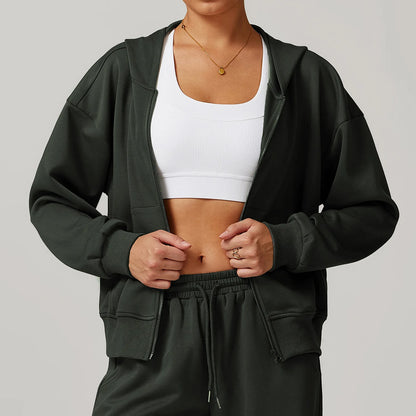 Women's Rayon Cotton Cropped Zip-Up Hoodie – High-Quality Plain Long Sleeve Vintage Sport Style Elis