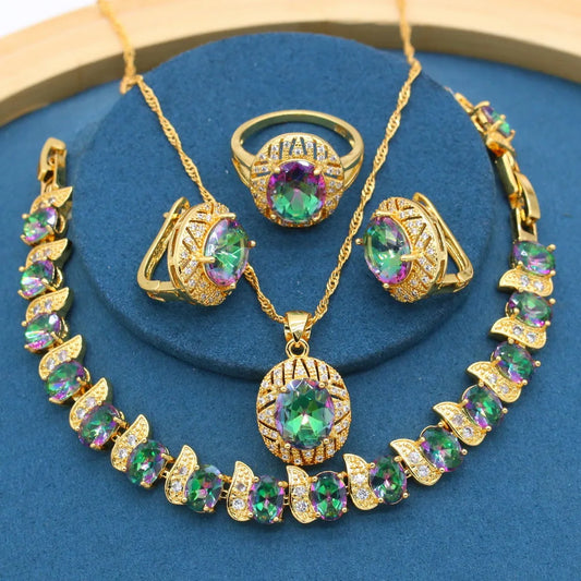 Geometric Gold-Plated Jewelry Set for Women – Rainbow Stone Alloy Bracelet, Hoop Earrings, Necklace & Ring | Perfect Wedding, Party & Birthday Gift Mireille