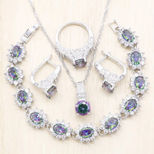 Trendy 925 Sterling Silver Jewelry Set – Luxury Rainbow Cubic Zircon Earrings & Pendant Necklace | Classic Bridal Wedding & Party Design Lucille