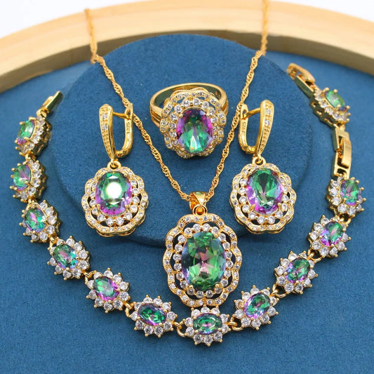 Rainbow Stones Gold Jewelry Set for Women – Bracelet, Earrings, Necklace, and Ring | Perfect Gift for Parties & Birthdays Priscille