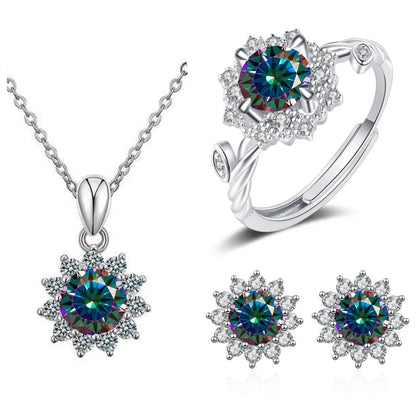 S925 Sterling Silver Stud Earrings & Pendant Set | 1 Carat Moissanite Necklace | Classic Sunflower Design | Perfect Valentine’s Day Gift Serafina