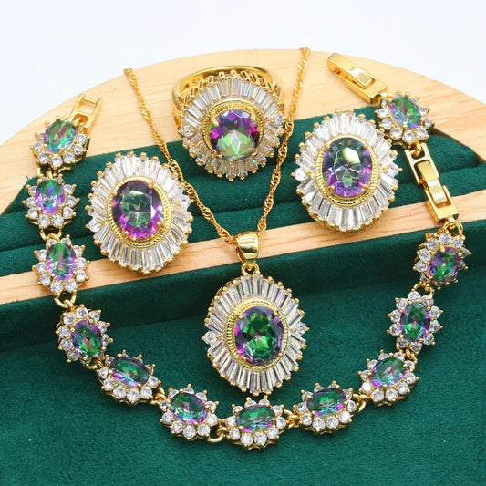 Women's Gold Alloy Jewelry Set – Wedding Party Bracelet, Earrings, Necklace, Pendant, and Zircon Ring, Perfect Christmas Gift Helene