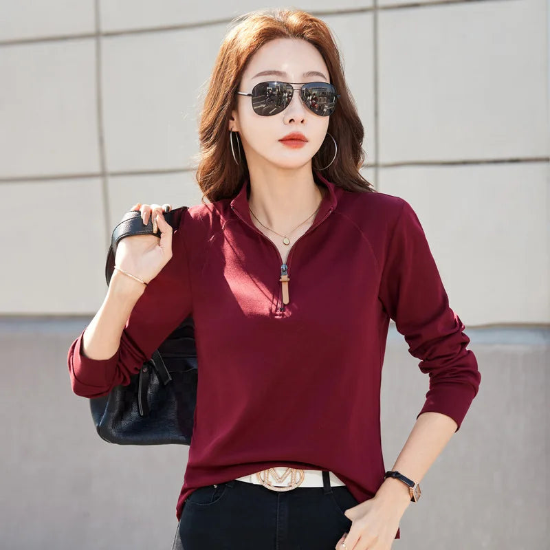 Women's Spring T-Shirt - Zipper Lapel Stand Collar, New Style