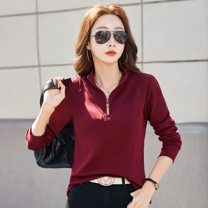 Women's Spring T-Shirt - Zipper Lapel Stand Collar, New Style