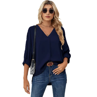 Women's Chiffon Blouse – Solid Color V-Neck Long Sleeve Casual Fashion Top