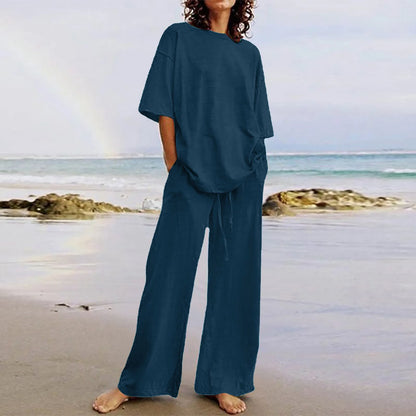 Spring & Summer Women's Cotton Linen 2-Piece Set – Casual High-Quality Half Sleeve O-Neck Top with Wide-Leg Pants