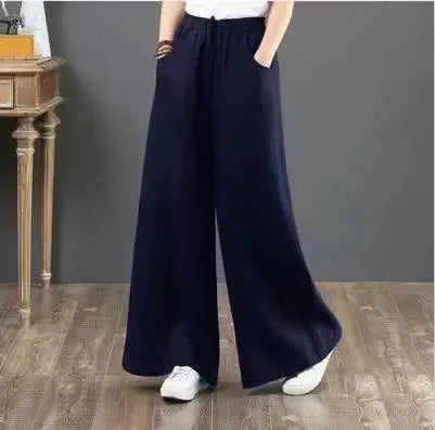 Women's Retro High-Waist Wide-Leg Cotton Linen Pants - Loose Fit, Plus Size Casual Trousers