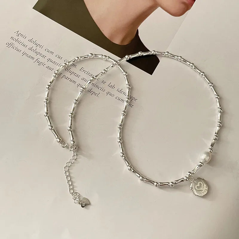 Handmade 925 Pure Silver Bead Necklace – Natural Freshwater Pearl, Bamboo Round Design with Heart Charm Bracelet Aylin