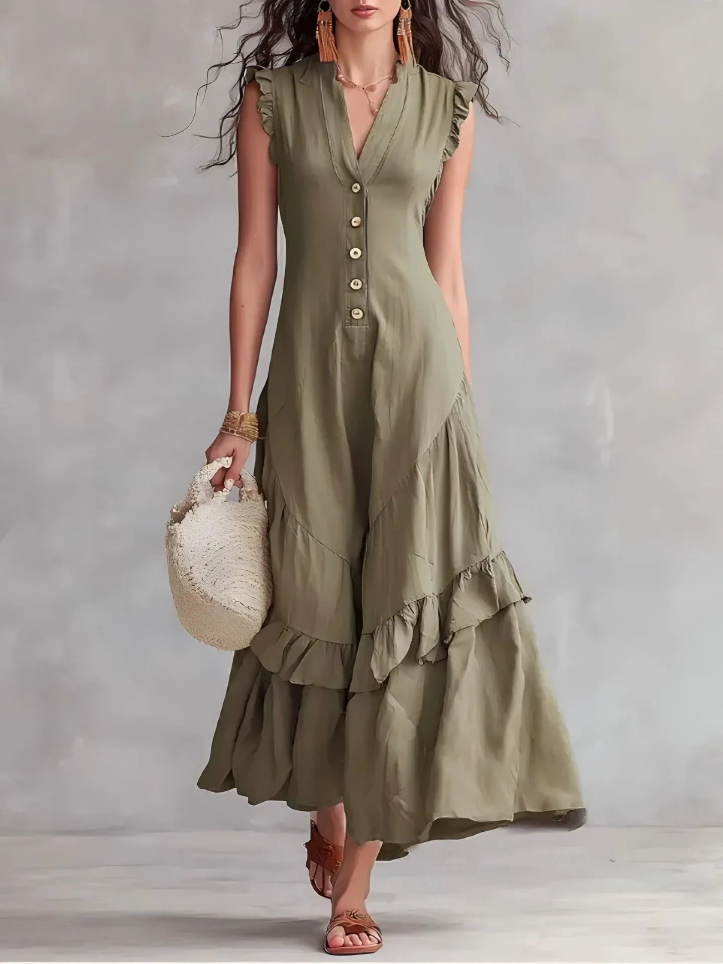 Women's Elegant Ruffle Long Dress | Casual Button-Down Maxi Dress Lindsay