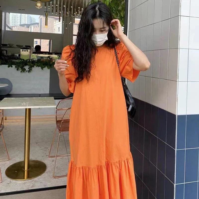 Casual Women's Cotton Dress – Round Neck, Korean Style, Puff Sleeves, and Ruffled Solid Color Design Alexia