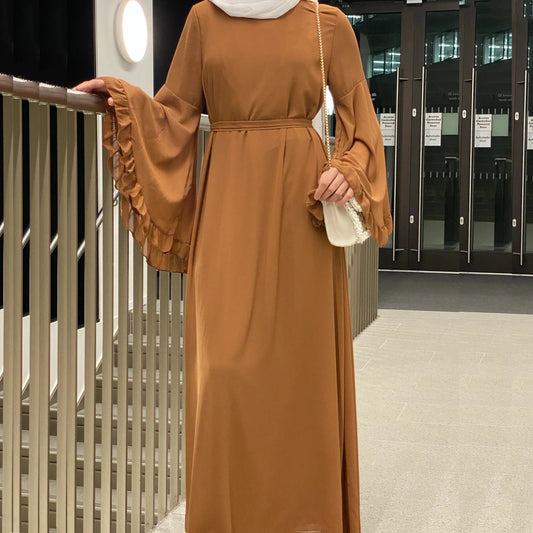 Chiffon Abaya with Ruffled Sleeves – Modest Islamic Clothing for Women | Turkey & Dubai Style Muslim Dress Samira