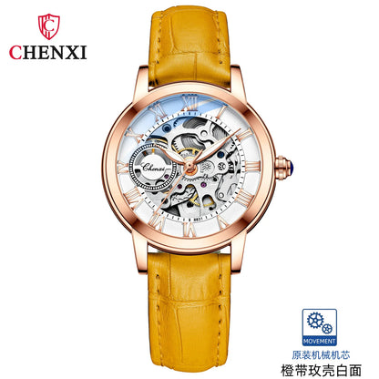 CHENXI 8831 Women’s Casual Rose Gold Skeleton Watch – Fully Automatic Mechanical Wristwatch with Luminous Steel Band
