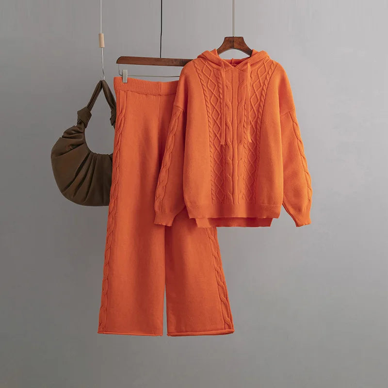 Women’s Warm Knit Jumpsuit Set – Hooded Cable Pullover and Two-Piece Sweater Outfit | Cotton-Nylon Blend Lorelei