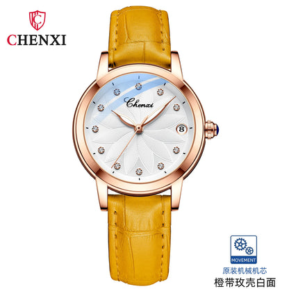 CHENXI 8833 Women's Luxury Automatic Mechanical Watch - Genuine Leather, Diamond Dial, Waterproof, Luminous Calendar