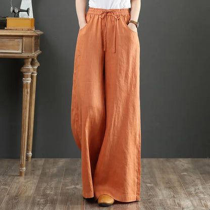 Women's Retro High-Waist Wide-Leg Cotton Linen Pants - Loose Fit, Plus Size Casual Trousers