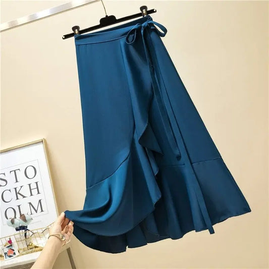 Women Girls Solid Color Fishtail Skirt Ruffles Irregular Hem Bandage Belt Hot Sell Mermaid Dress Long Skirt