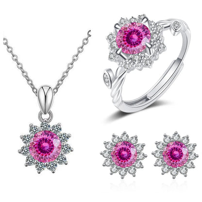 S925 Sterling Silver Stud Earrings & Pendant Set | 1 Carat Moissanite Necklace | Classic Sunflower Design | Perfect Valentine’s Day Gift Serafina