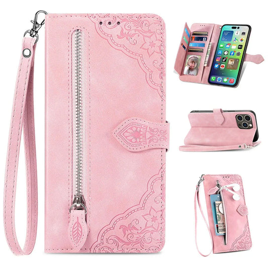 Luxury PU Leather Wallet Phone Case | Zipper Card Holder with Butterfly Flower Design & Strap for iPhone 16, 15, 14 Pro and Samsung
