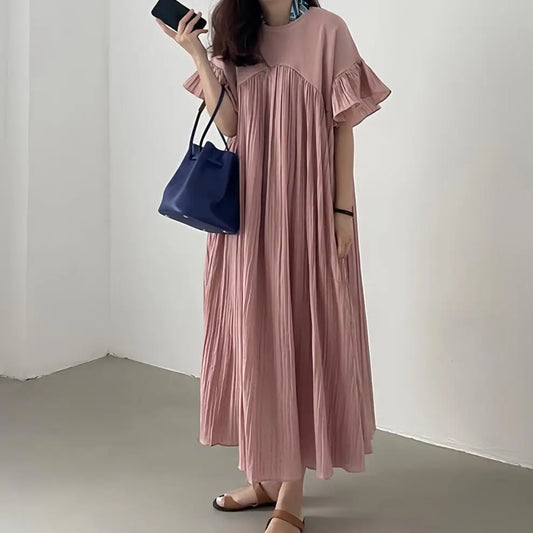 Women's Loose Pleated Patchwork Dress – Flying Sleeve Long Skirt, Casual and Stylish