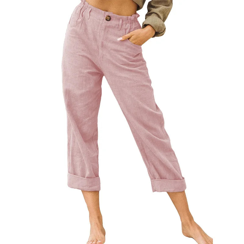 Summer High-Waist Cotton Linen Trousers | Loose Fit Casual Solid Color Pants for Women Trina