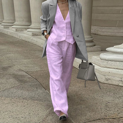 Summer White Linen Two-Piece Set for Women | Fashion Sleeveless Tank Top with High-Waist Wide-Leg Pants Myles