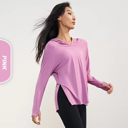 Women's Nude Feeling Workout Top | Split Hem Long Sleeve Hooded Yoga Shirt