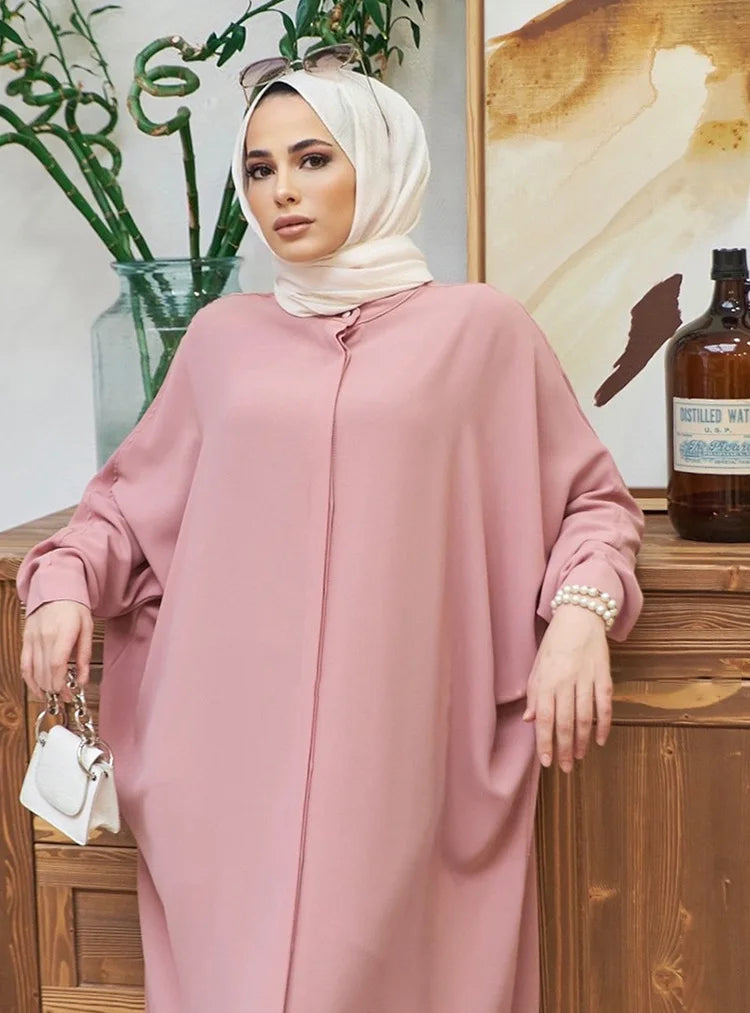 Bat Sleeve Loose-Fit Abaya – Solid Color Dubai & Turkey Style Muslim Dress | One-Size Modest Robe for Women Aleena