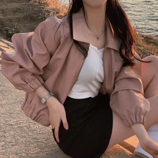 Women's PU Leather Polo Jacket – Loose Fit Casual Solid Color Long Sleeve Top Tally