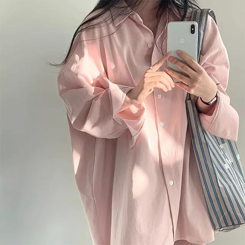 Summer Loose Fit Women's Long Sleeve Shirt – Polo Collar, Single-Breasted, Solid Color Design
