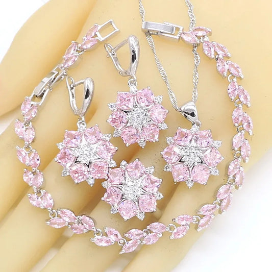 925 Sterling Silver Bridal Jewelry Set for Women – Classic Pink Zircon Bracelet, Earrings, Necklace, Pendant & Ring | Perfect for Weddings, Birthdays & Parties Christelle