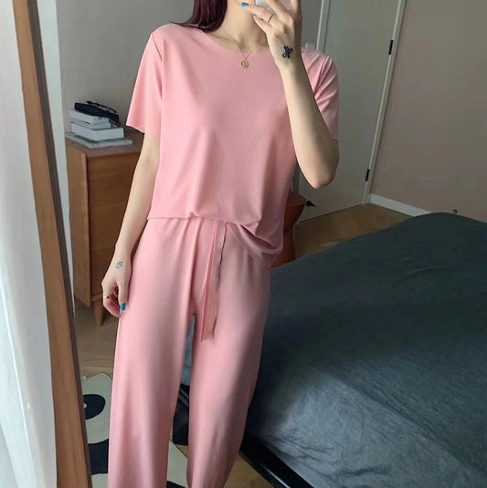 Women's Summer Casual Two-Piece Set – Solid Color Short Sleeve T-Shirt and Wide-Leg Trousers