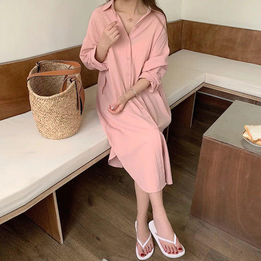 Women Loose Cotton Linen Shirt Dress Single Breasted Long Sleeve Top Spring Summer Lady Casual Dress