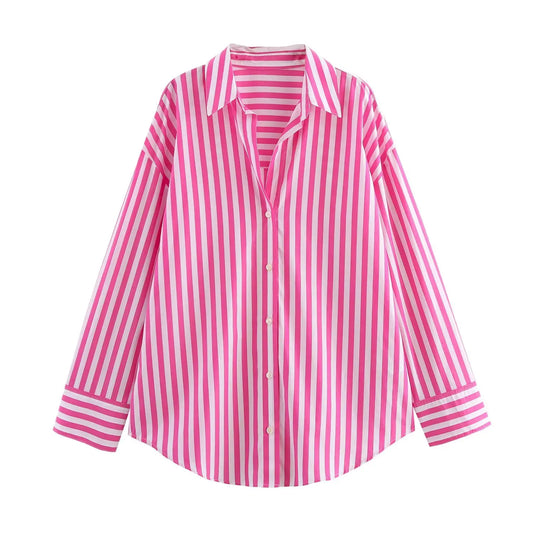 Women's Striped Poplin Lapel Shirt - Spring Fashion Long Sleeve Top Anika