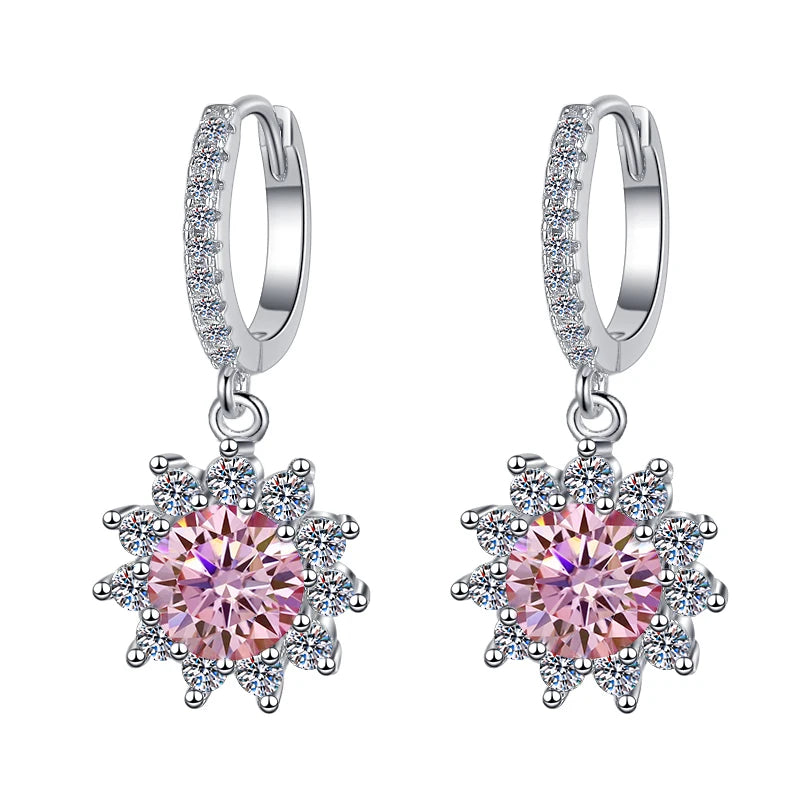 Fine Jewelry | Flower Shape S925 Sterling Silver Moissanite Earrings | 1Ct/0.5Ct Blue & Pink Stud and Hoop Design | GRA Certified Pamela