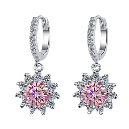 Fine Jewelry | Flower Shape S925 Sterling Silver Moissanite Earrings | 1Ct/0.5Ct Blue & Pink Stud and Hoop Design | GRA Certified Pamela